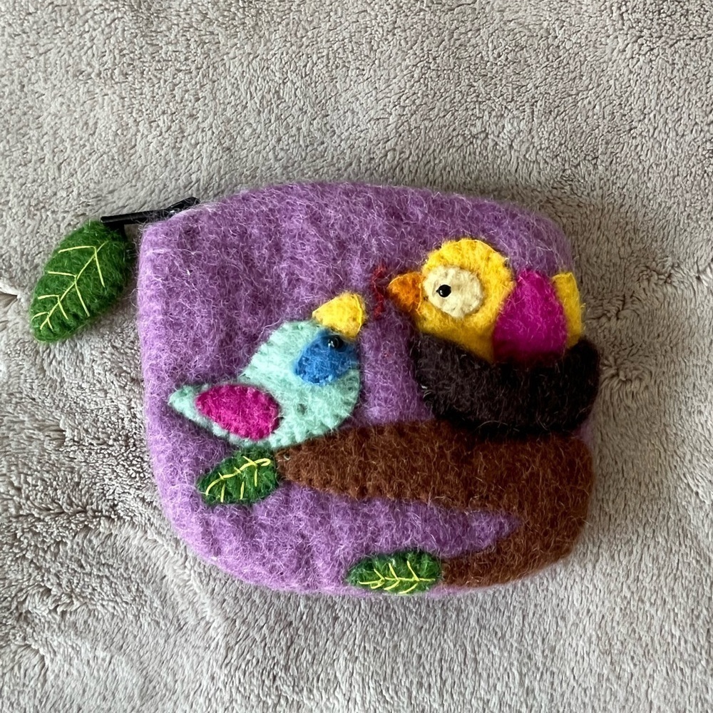 Felted Wool Coin Purse Birds Nest On a Branch Zipper Closure With Leaf Pull
